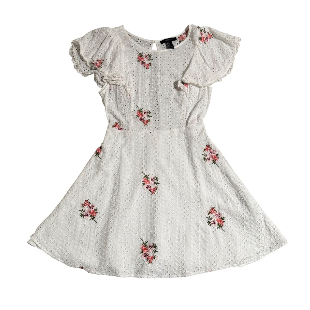 Forever 21 White Eyelet Floral Embroidered Mini Dress Small Boho Coquette Girl